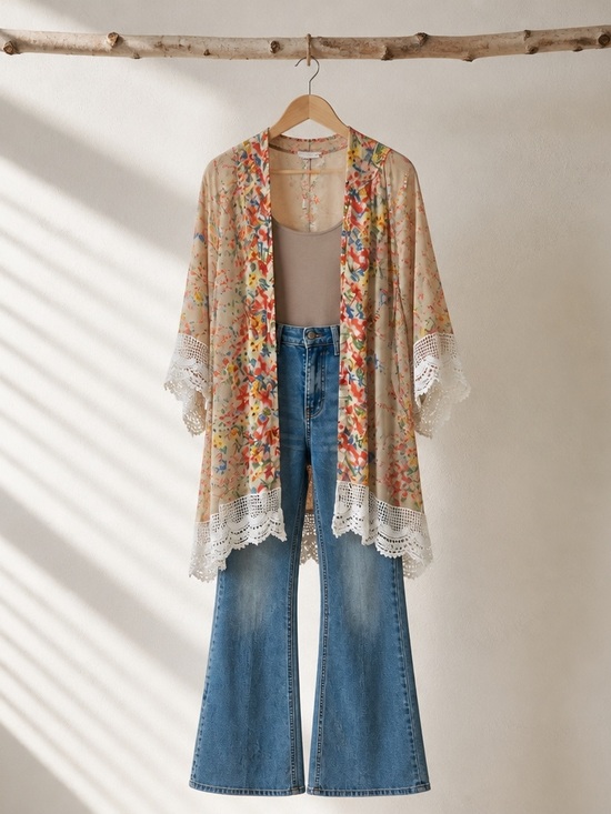 Umgee Other - Umgee Kimono Womens M/L Floral Lace Trim Boho Cottagecore Festival Cardigan